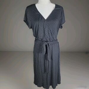 New York & Company Y2K V-Neck Midi Dress Black with Beige Polkadots Size XL